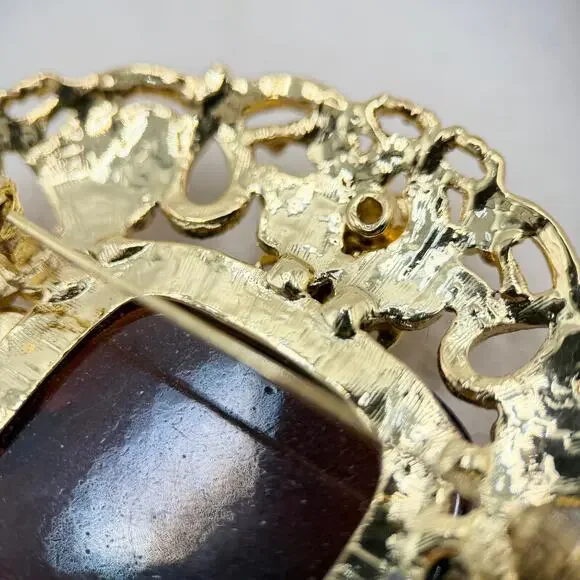 VTG Florenza Stamped Gold Large Amber Faceted Stone Etruscan Revival Brooch - Picture 11 of 14